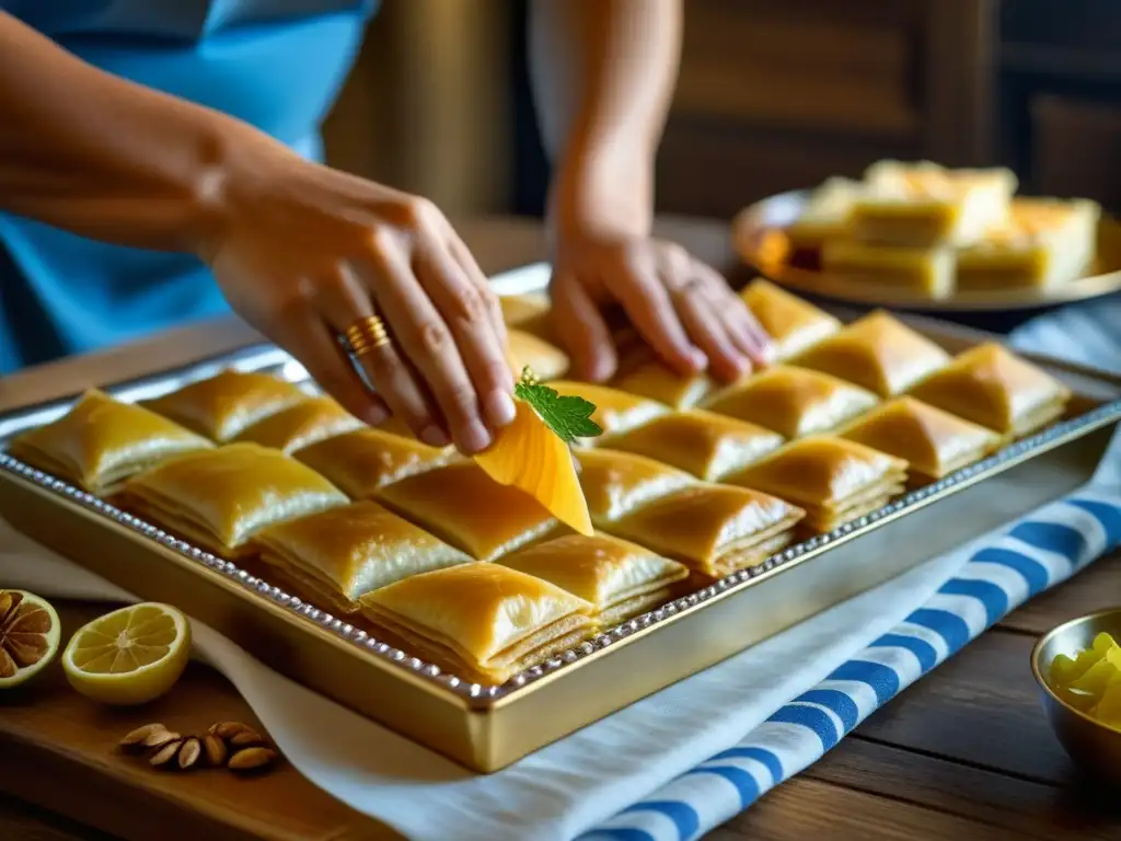 Gastronomía de lujo en Grecia: Detalle de baklava griego cubierto de miel dorada en cocina rústica