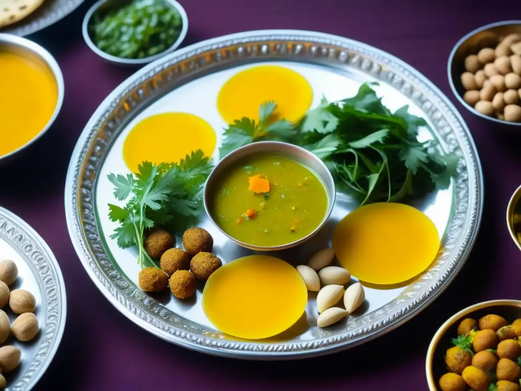 Una lujosa bandeja de plata con recetas históricas culturas épocas Rajastán en detalle, resaltando la rica herencia culinaria