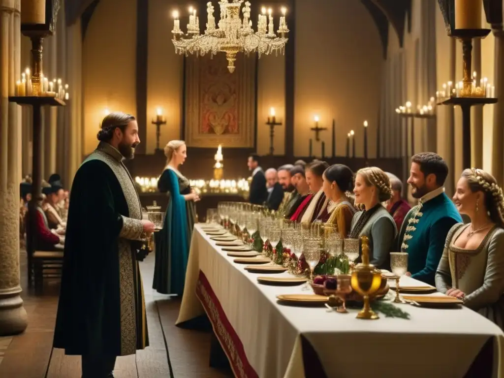 Una lujosa escena de un banquete medieval con nobles en trajes opulentos disfrutando de una festín