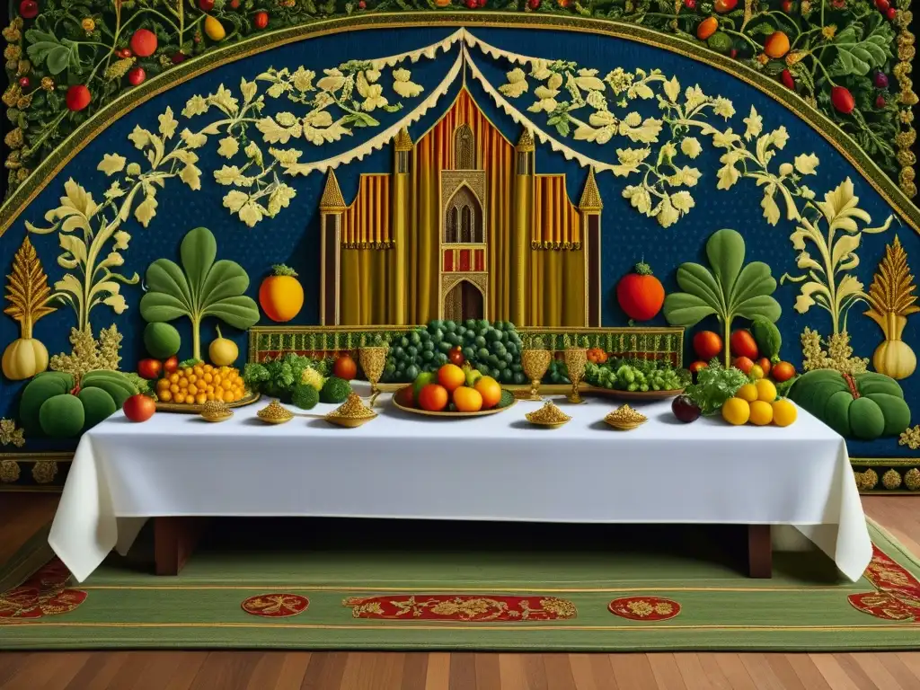 Una lujosa escena medieval de un banquete real destaca la Importancia histórica del veganismo en la Edad Media