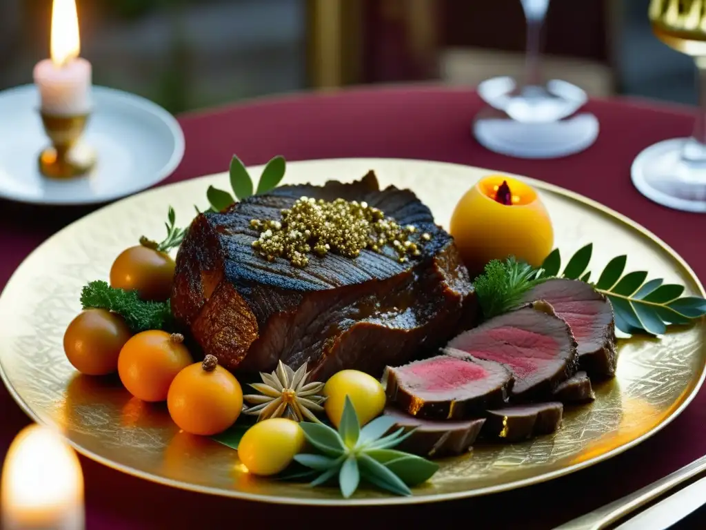 Una lujosa fuente de carnes exóticas digna de realeza, con venado, jabalí y codorniz, decorada con hojas de oro