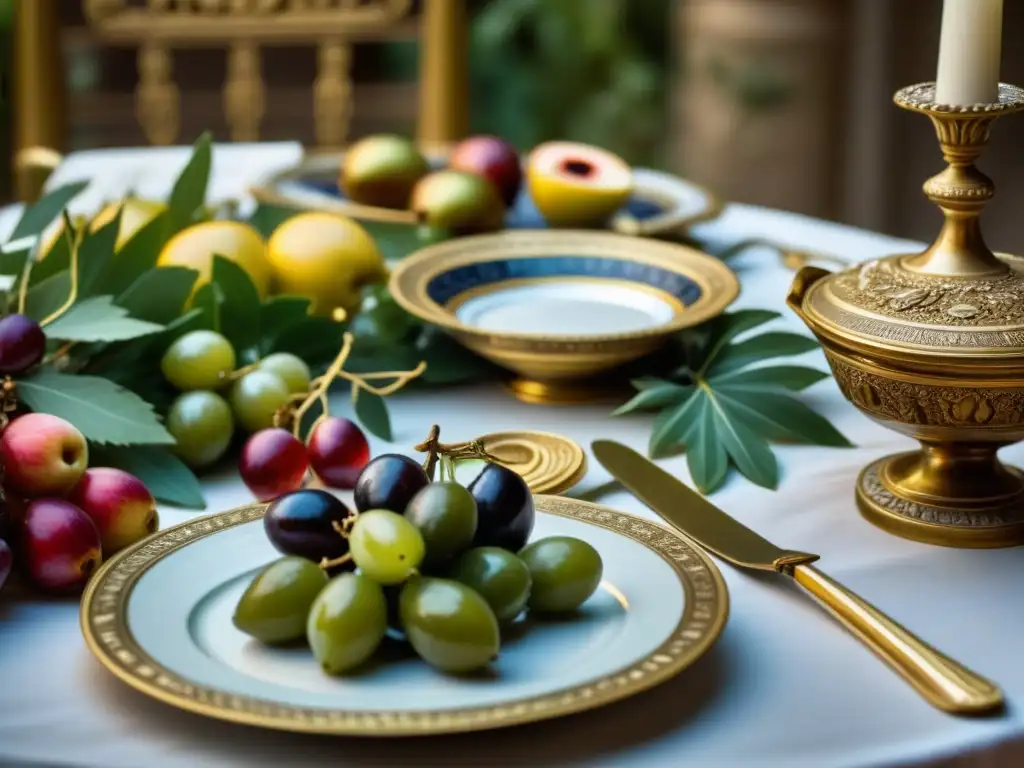 Una lujosa mesa de banquete en la Antigua Grecia con comida, filósofos y libros, iluminada por velas