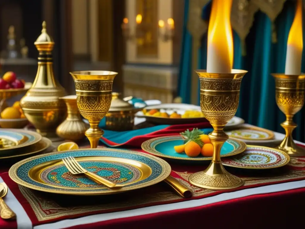 Banquete bizantino: lujo y exquisitez culinaria Una lujosa mesa de banquete bizantino con cubertería dorada, platos de mosaico y copas llenas de vino y frutas exóticas