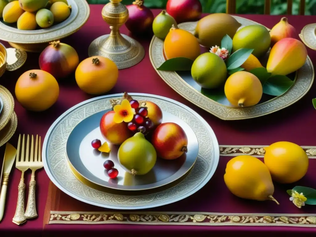 Una lujosa mesa de banquete mughal con frutas exóticas y platos decorados con detalles dorados y flores comestibles