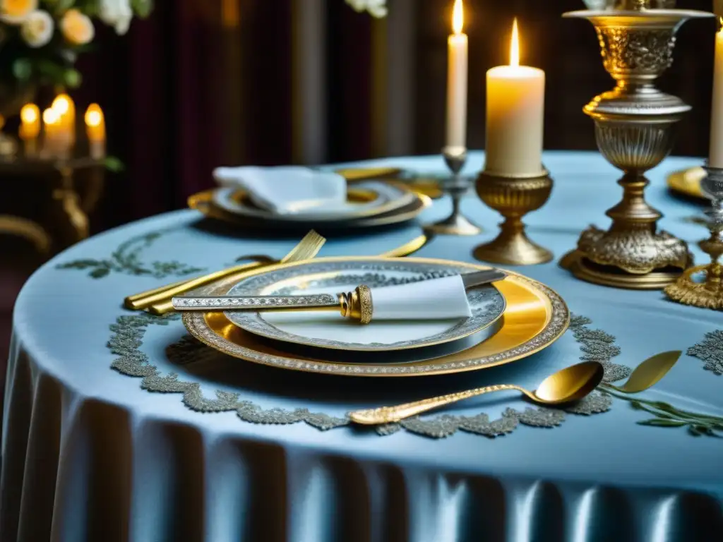 Una lujosa mesa de comedor barroca francesa lista para un festín, con detalles ornamentados y vajilla exquisita