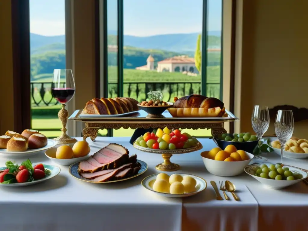 Una lujosa mesa renacentista italiana, llena de manjares y vinos, en una villa elegante