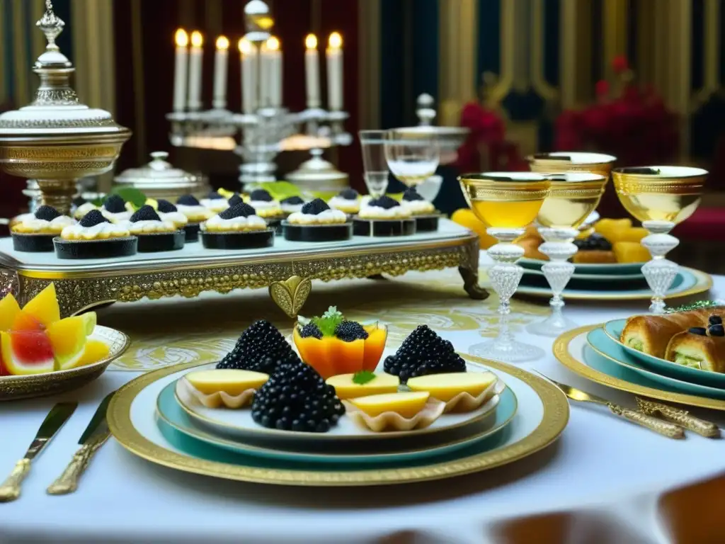 Una lujosa mesa real del era de Catalina la Grande rebosante de manjares, capturando la opulencia de la dieta y nutrición de la emperatriz rusa