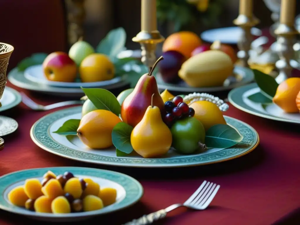 Una lujosa mesa renacentista decorada con exquisita gastronomía, frutas talladas y arreglos florales detallados en vibrantes colores