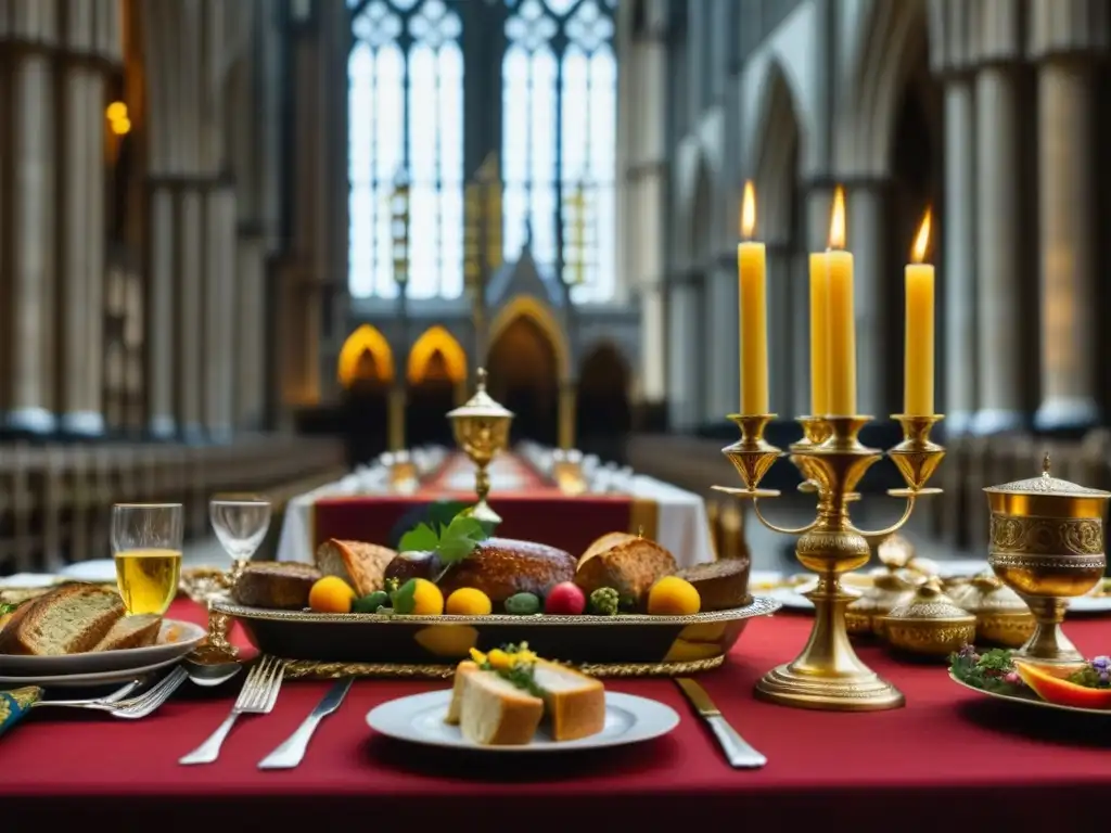 Un lujoso banquete medieval en la Abadía de Westminster con detalles ornamentados y una mesa rebosante de manjares