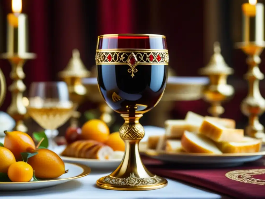 Un lujoso cáliz medieval dorado rebosante de vino rojo, en una mesa de banquete real medieval