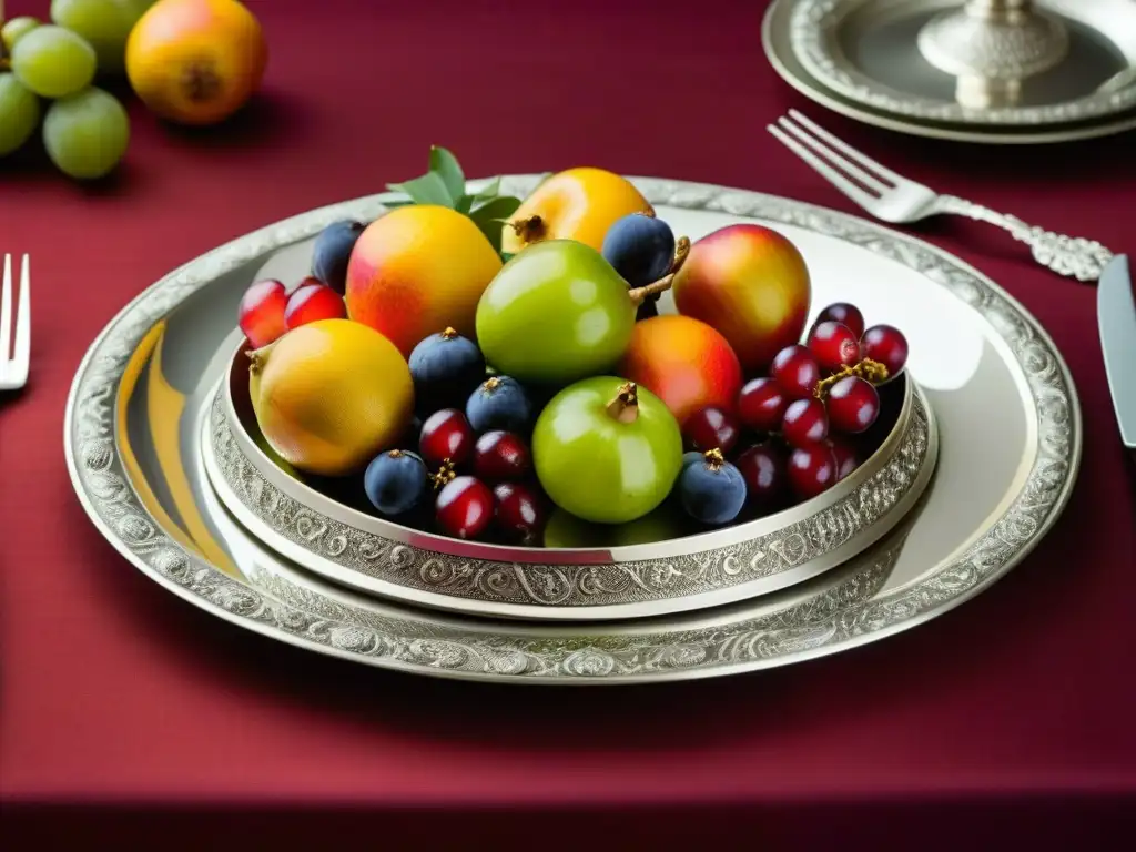 Un lujoso plato renacentista con exóticas frutas en un elegante salón iluminado por velas