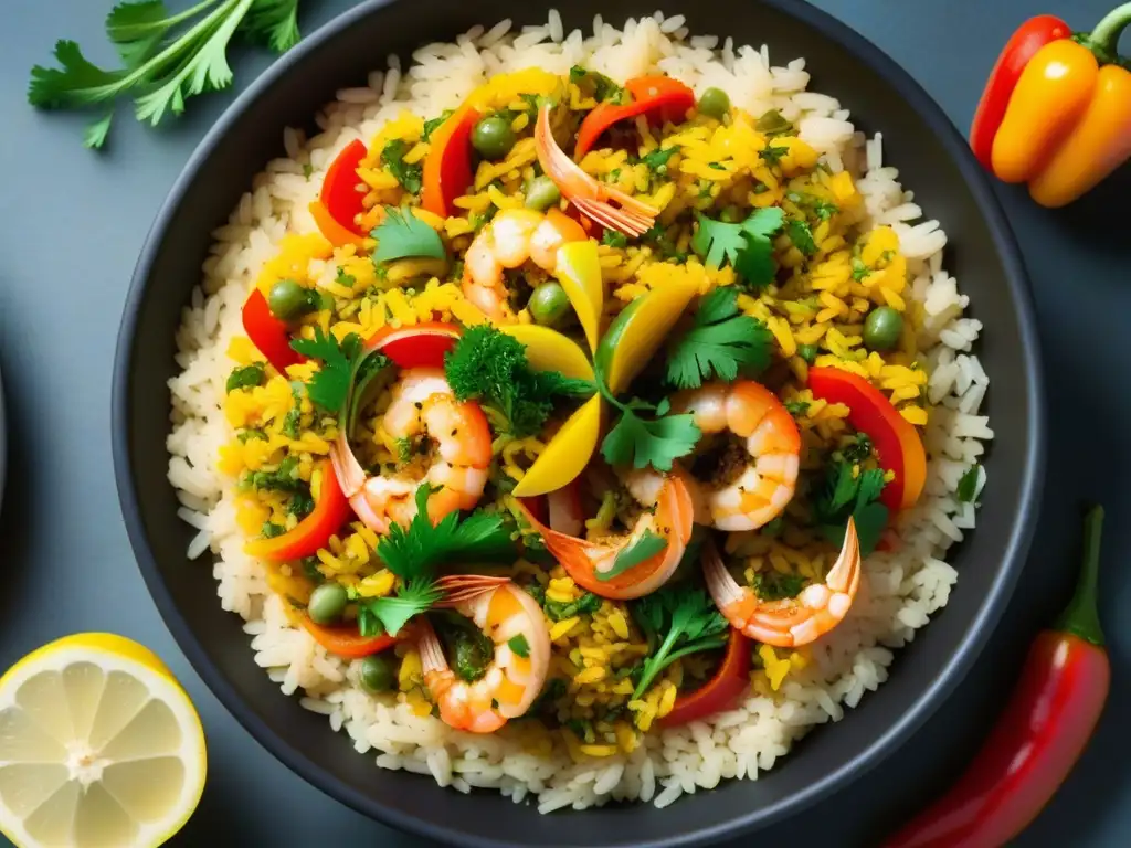 Un macro detallado de una vibrante paella española, fusionando influencia cocina morisca y modernidad