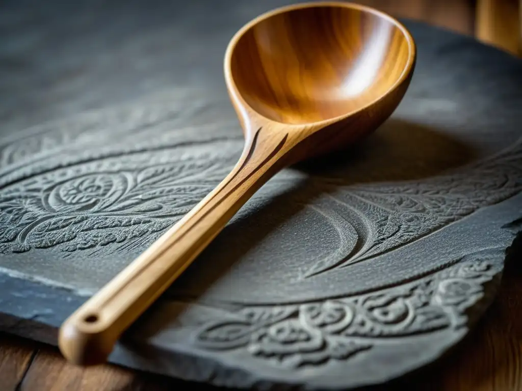 Un cucharón de madera antiguo, desgastado por el tiempo, descansa en una encimera de piedra