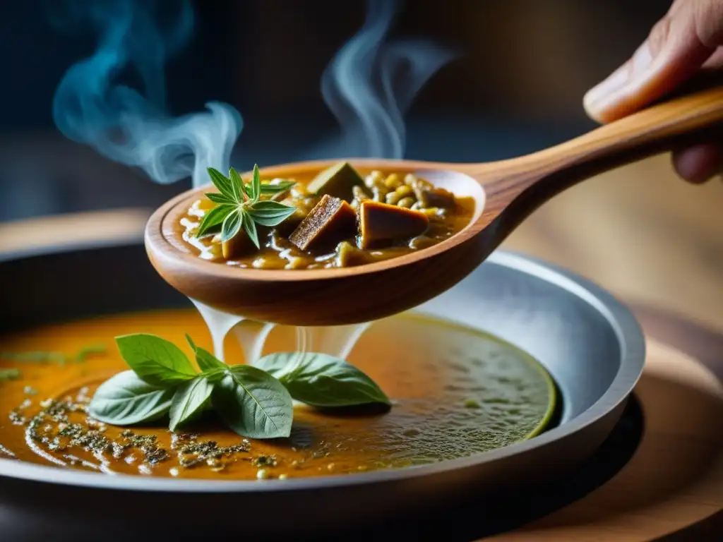 Un cucharón de madera antiguo remueve un guiso en una cocina moderna, fusionando tradición y tecnología