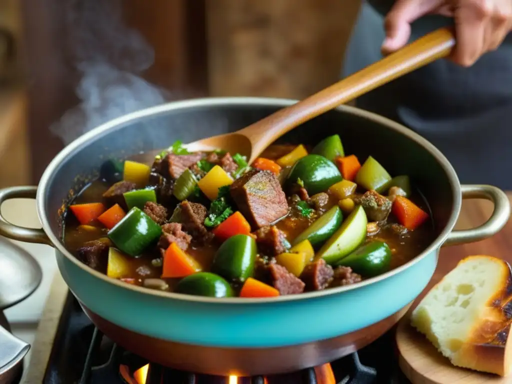 Un cucharón de madera revolviendo un guiso colonial español, con vegetales vibrantes y carne, en una cocina rústica con elementos históricos