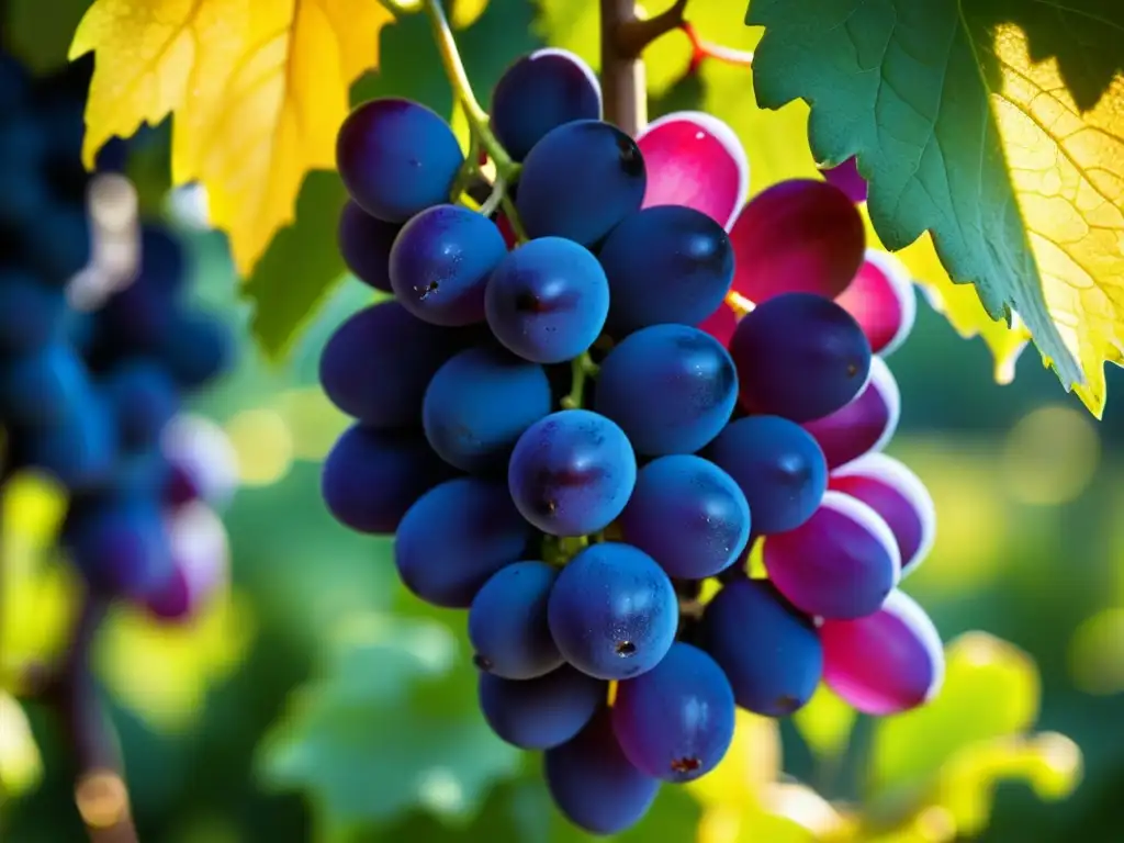 Maduras uvas moradas brillantes en la vid bajo la luz dorada, resaltando la belleza natural y antioxidantes en alimentos históricos