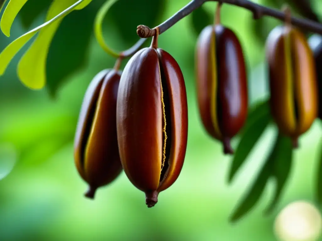 Maduros tamarindos colgando de una rama, textura detallada y color marrón bajo la luz solar