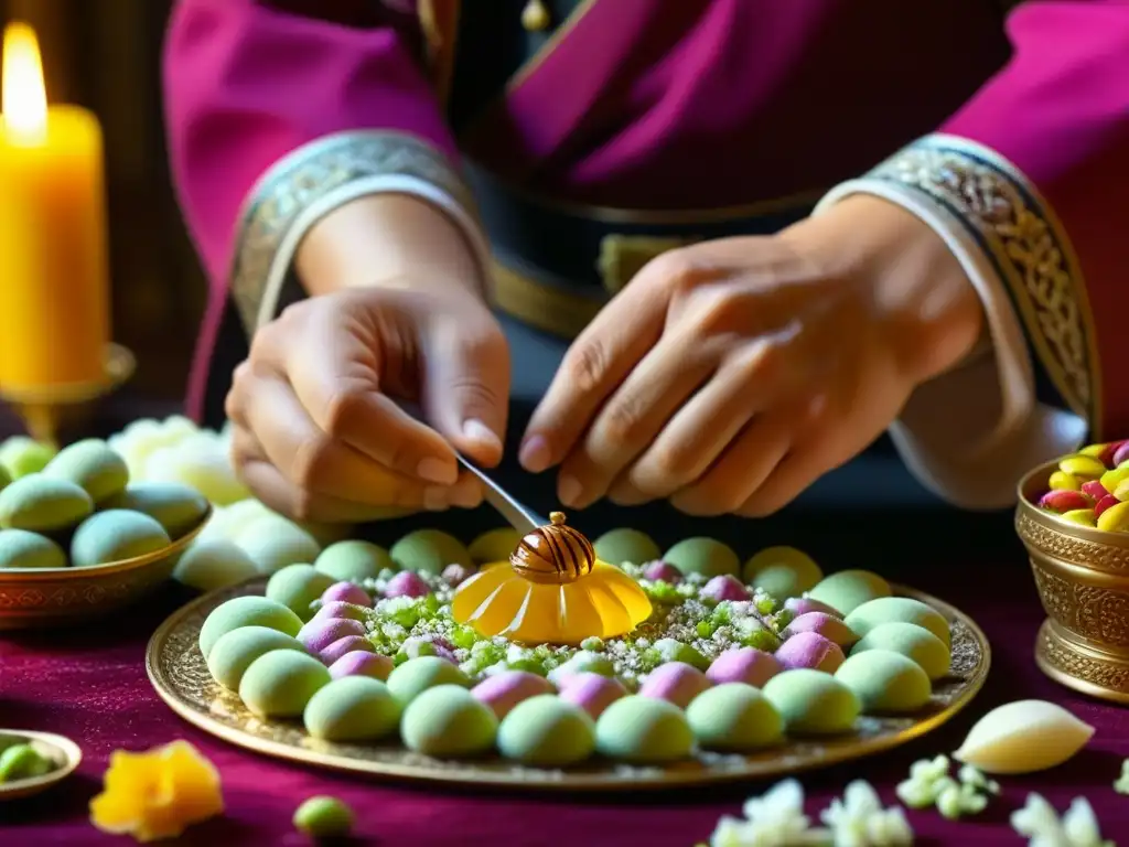 Un maestro artesano en atuendo otomano elaborando dulces de la corte otomana, rodeado de ingredientes coloridos