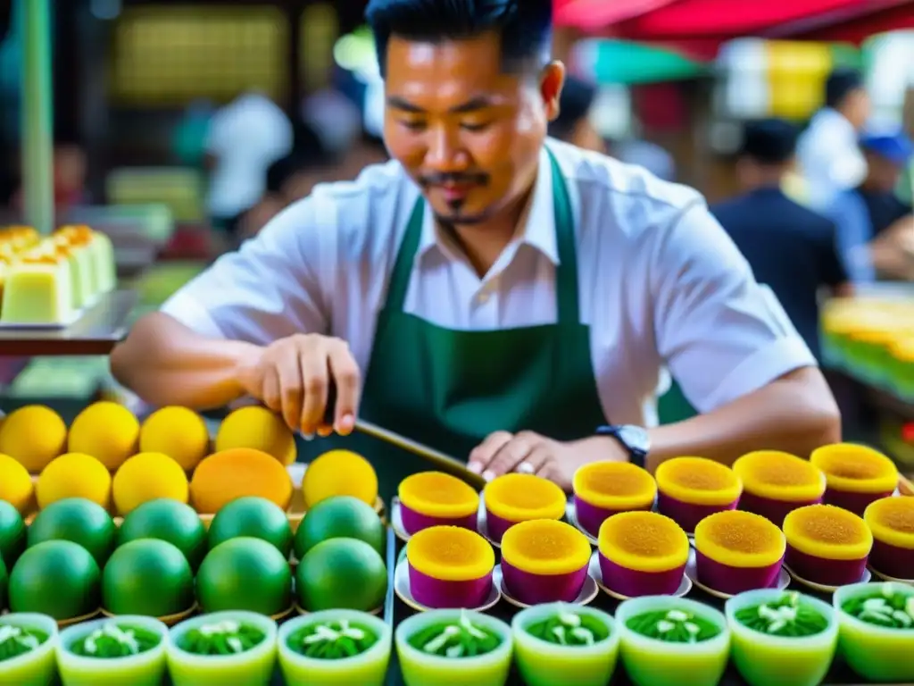 Un maestro artesano elaborando kueh en un bullicioso mercado tradicional de Singapur, con colores vibrantes y detalles delicados