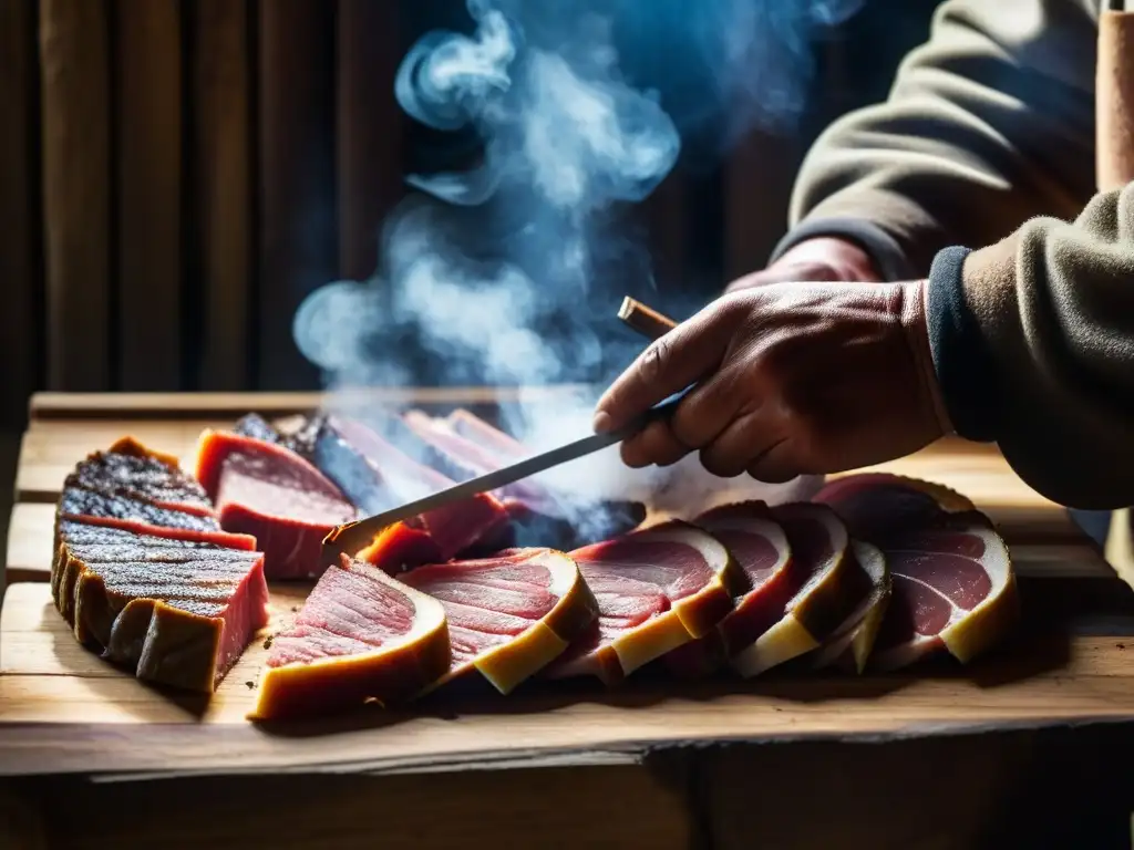 Un maestro artesano ahumando carne en Patagonia con técnicas ancestrales para la conservación de alimentos