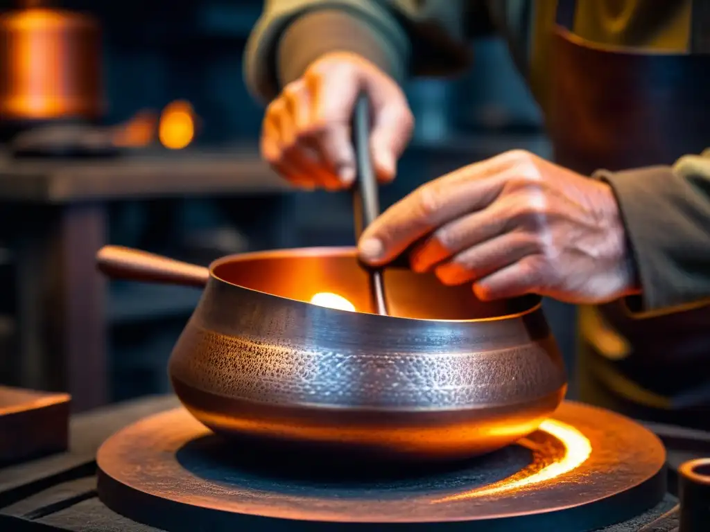 Un maestro artesano moldea cobre fundido para recrear utensilios históricos en su taller