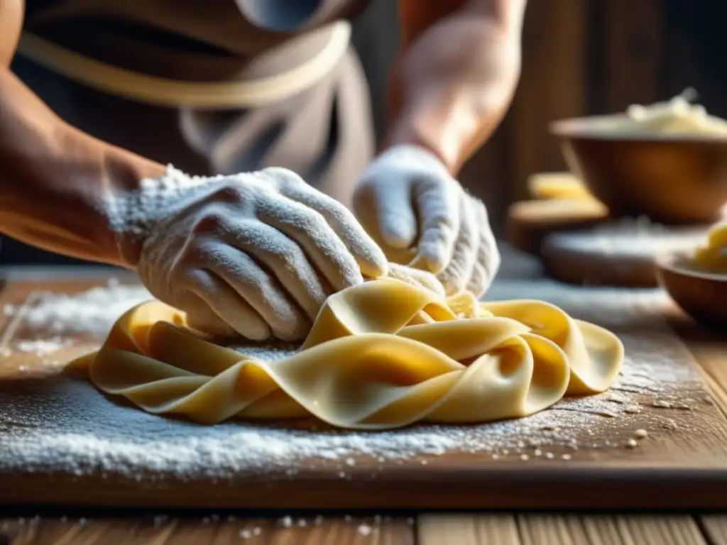 Un maestro artesano moldea con destreza pasta fresca en un mostrador de madera, evocando los orígenes renacentistas de la pasta