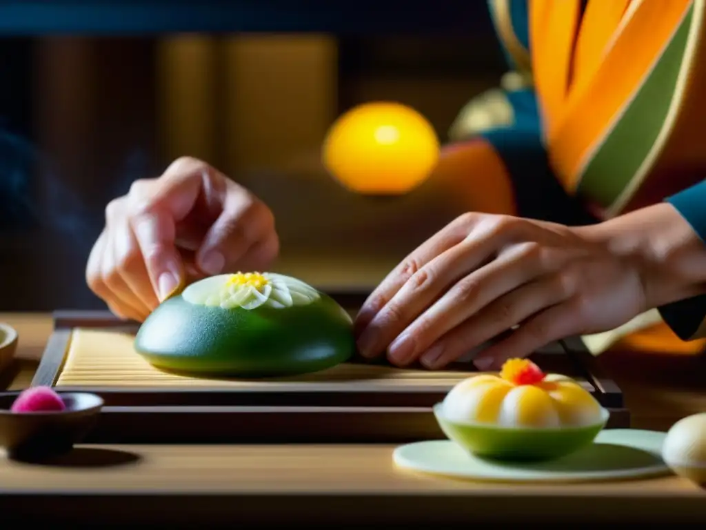 Un maestro artesano japonés crea con destreza un tradicional dulce wagashi, resaltando la historia y cultura de los dulces japoneses