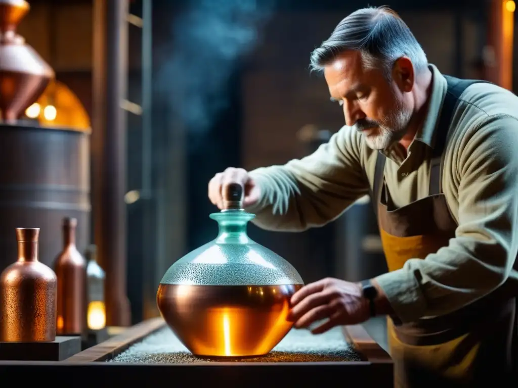 Un maestro artesano vierte líquido en una botella, destacando técnicas antiguas destilación licores únicos