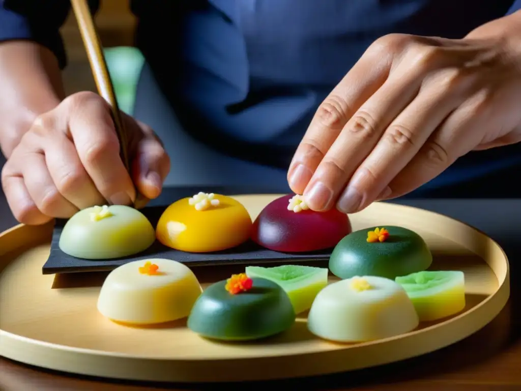 Un maestro artesano crea con meticulosidad un dulce tradicional Era Meiji, destacando detalles intrincados y colores vibrantes