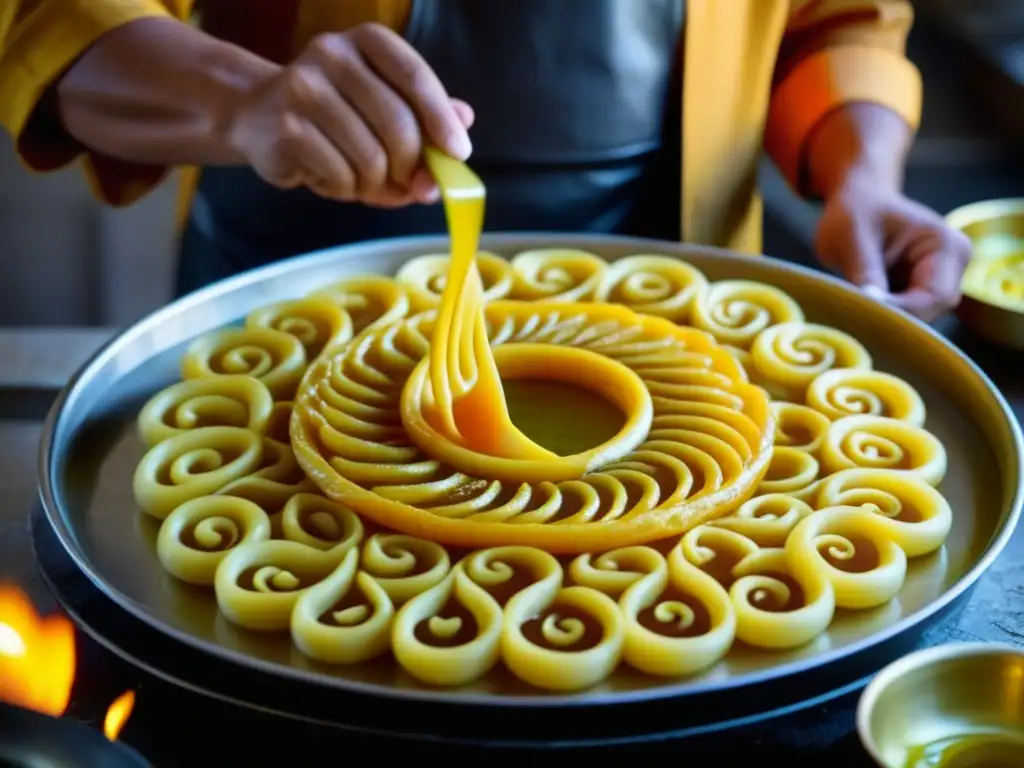 Un maestro artesano persa creando jalebi, mostrando la técnica antigua con espirales doradas