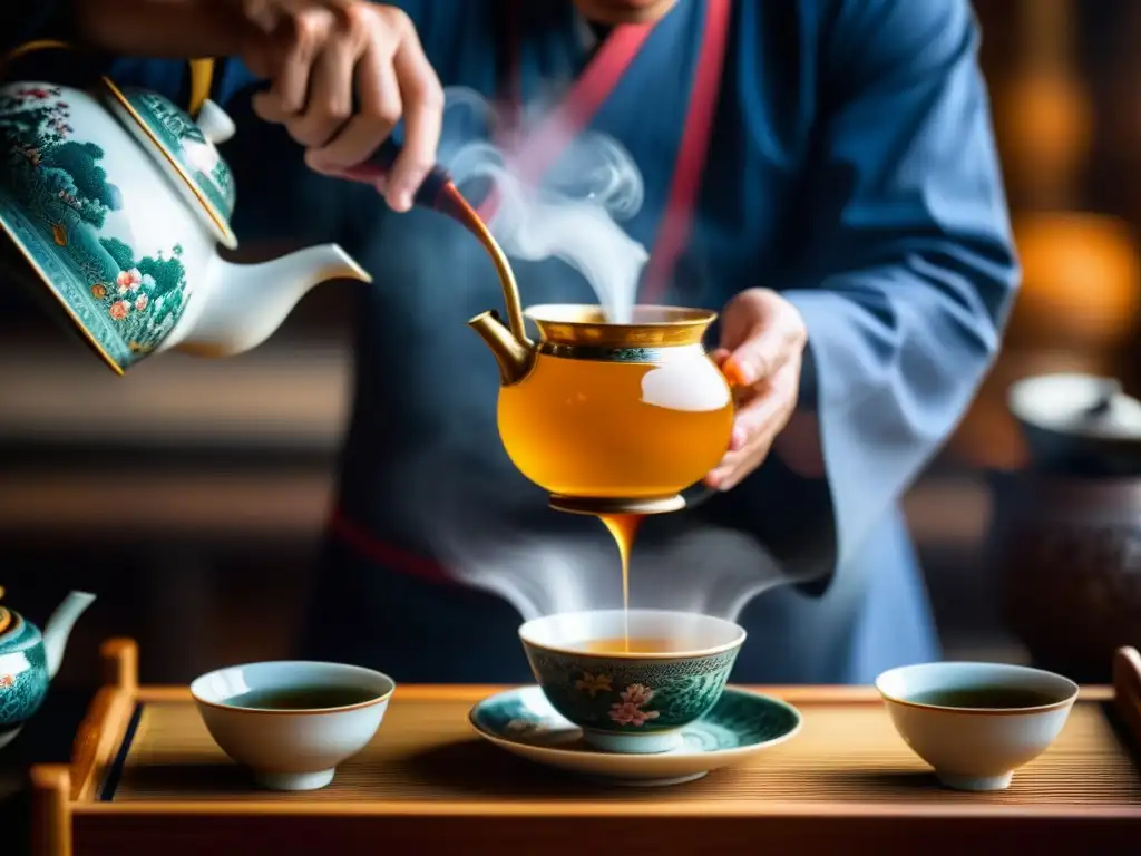 Un maestro de té en atuendo chino tradicional vierte té caliente en tazas ornamentadas, inmerso en la serenidad de la Ruta del Té China Tradiciones