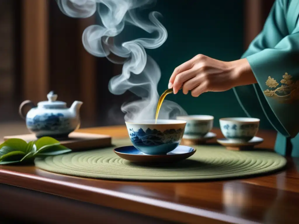 Un maestro de té vierte té caliente en tazas de porcelana, mostrando patrones de hojas de té