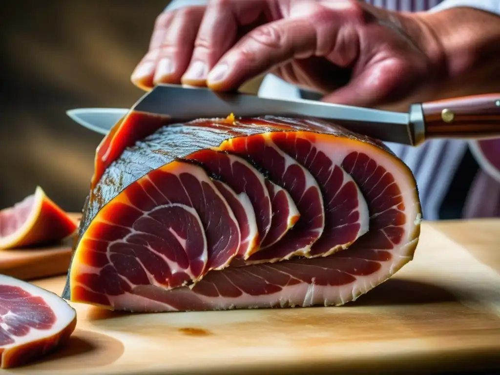 Un maestro carnicero español corta expertamente un jamón ibérico curado, mostrando la técnica tradicional de conservación embutidos