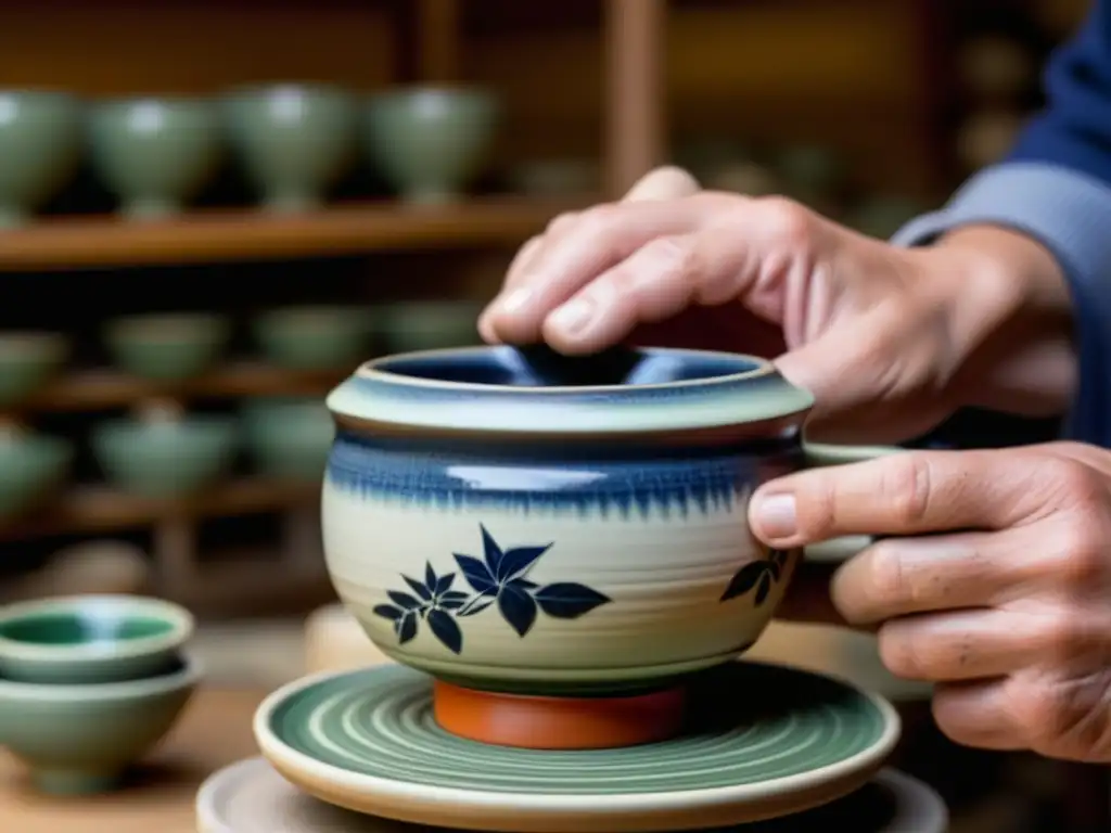 Un maestro ceramista moldea con destreza una taza de té japonesa, resaltando la importancia cultural de los utensilios de té