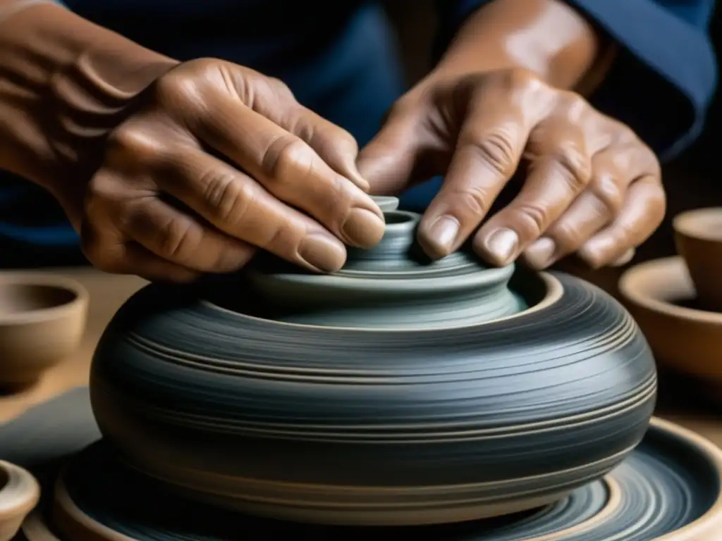 Un maestro ceramista japonés moldea con precisión una pieza de arcilla en un torno, mostrando la tradición y el minimalismo de la cerámica japonesa