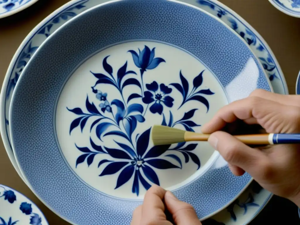 Un maestro ceramista pintando a mano motivos florales azules en una placa Delftware, destacando la precisión y la belleza de la artesanía