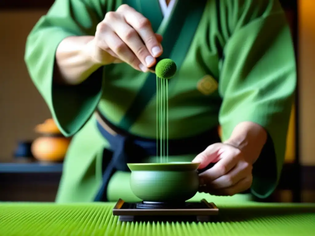 Maestro de ceremonia del té japonés mezclando matcha en una sala serena de tatami