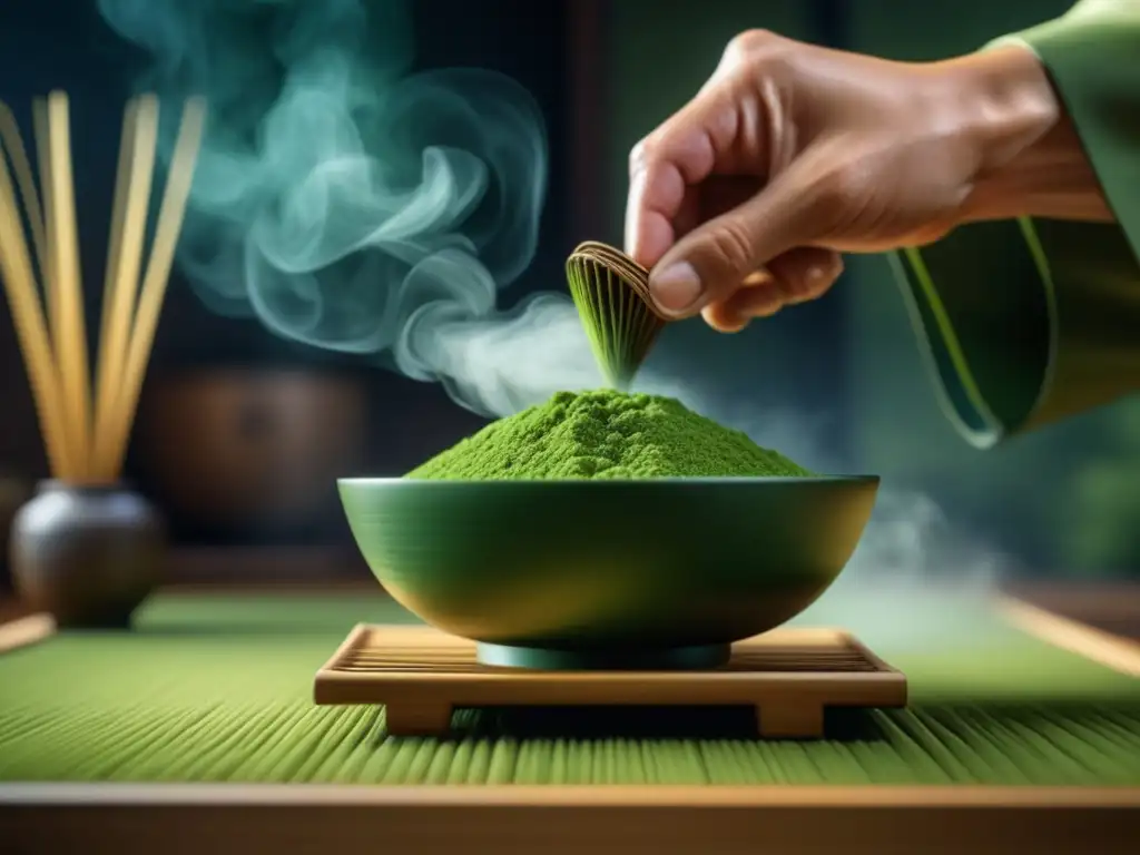 Maestro del té japonés: ceremonia del matcha en detalle Un maestro de ceremonia del té japonés whisking matcha en una habitación minimalista