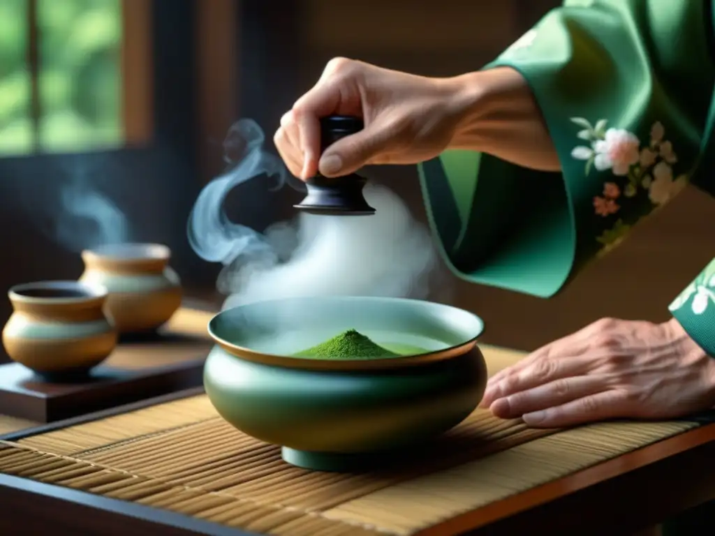 Maestro de ceremonia japonesa de té en kimono floral, preparando matcha con precisión y serenidad