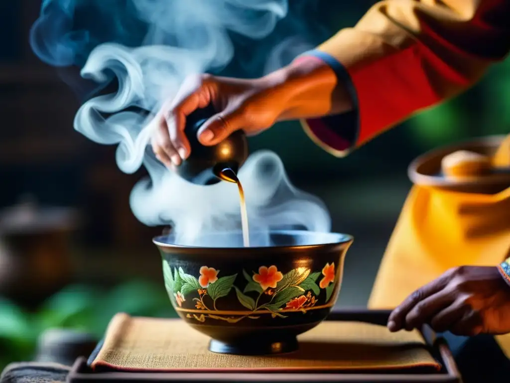 Un maestro de ceremonia del té en Asia del Sur vierte con delicadeza té caliente en una taza tradicional, mostrando la historia del té en Asia