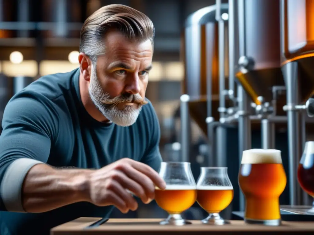 Un maestro cervecero inspecciona con detalle la cerveza artesanal recién hecha en un vaso especial, mostrando la rica historia de la cerveza artesanal