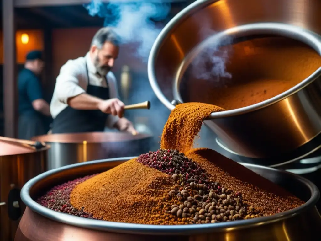 Un maestro cervecero vierte especias antiguas en un caldero de cobre, fusionando recetas históricas cerveza adaptadas