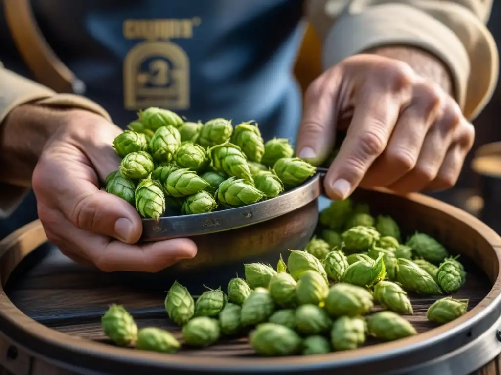 Un maestro cervecero selecciona lúpulos frescos, mostrando la historia de la cerveza artesanal antigua recrear