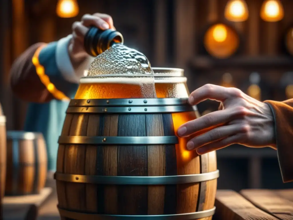 Un maestro cervecero vierte líquido ámbar en una jarra desde un barril de madera en una cervecería monástica