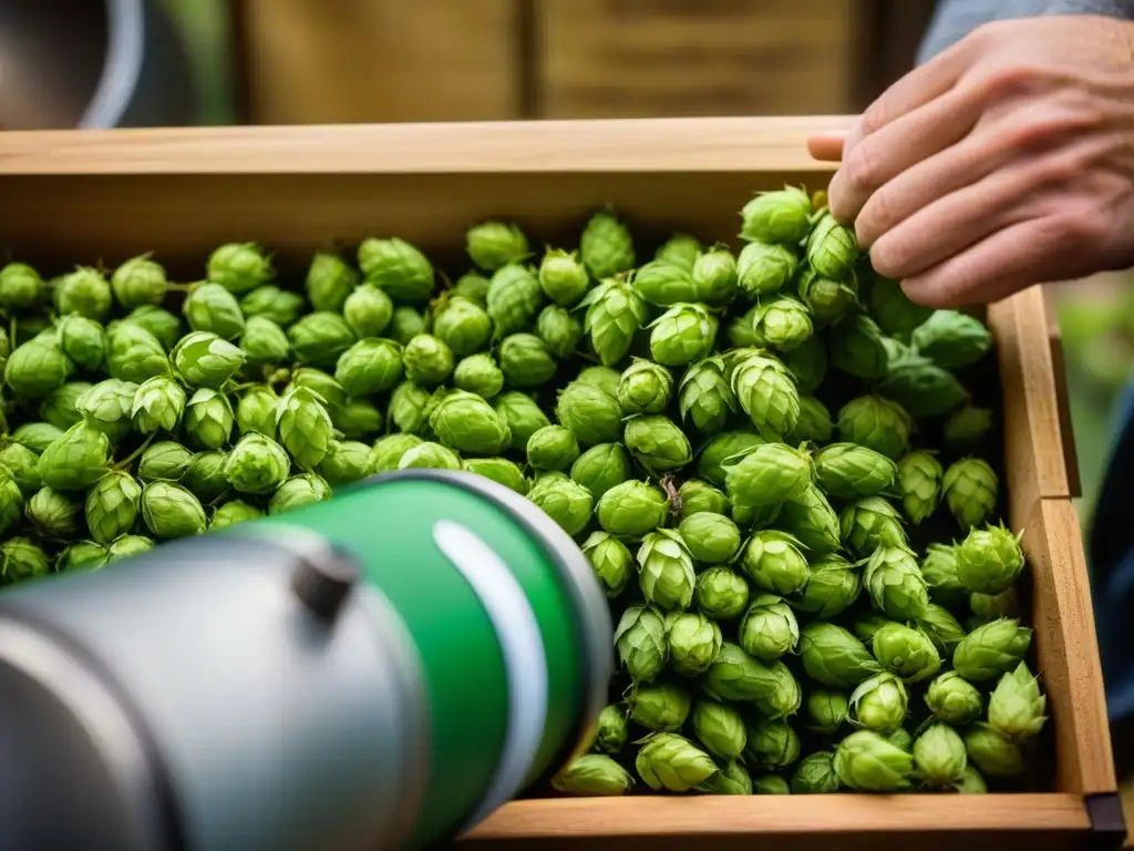 Un maestro cervecero selecciona lúpulos locales para recetas históricas de cerveza artesanal, destacando su color verde vibrante y texturas delicadas