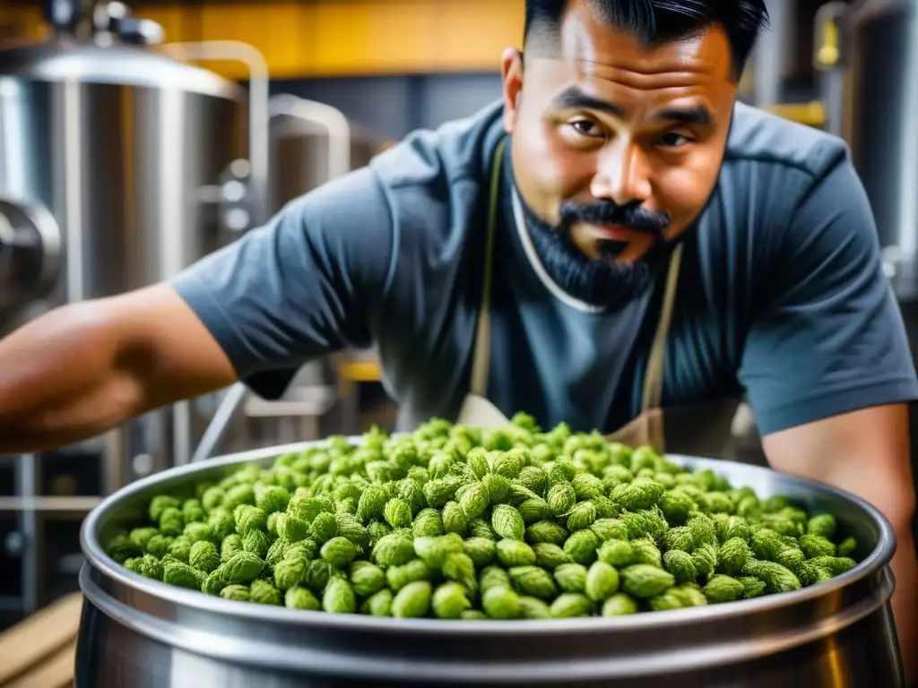 Un maestro cervecero selecciona lúpulos en microcervecería del Sudeste Asiático