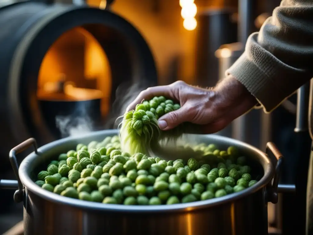 Un maestro cervecero en Europa del Este vierte lúpulo en una olla, en una cervecería clandestina