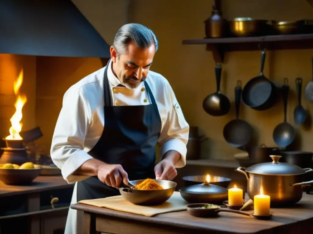 Un maestro chef en atuendo tradicional español prepara recetas históricas época oro española en cocina rústica