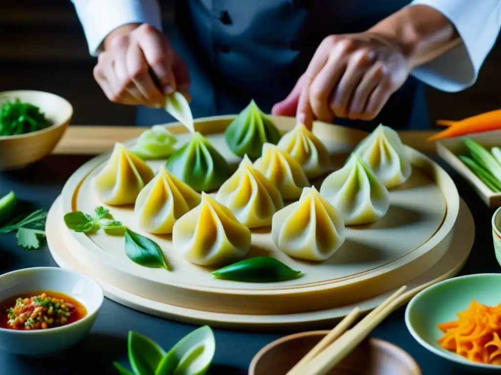 Un maestro chef chino crea con destreza dumplings coloridos, rodeado de ingredientes frescos en una cocina imperial china