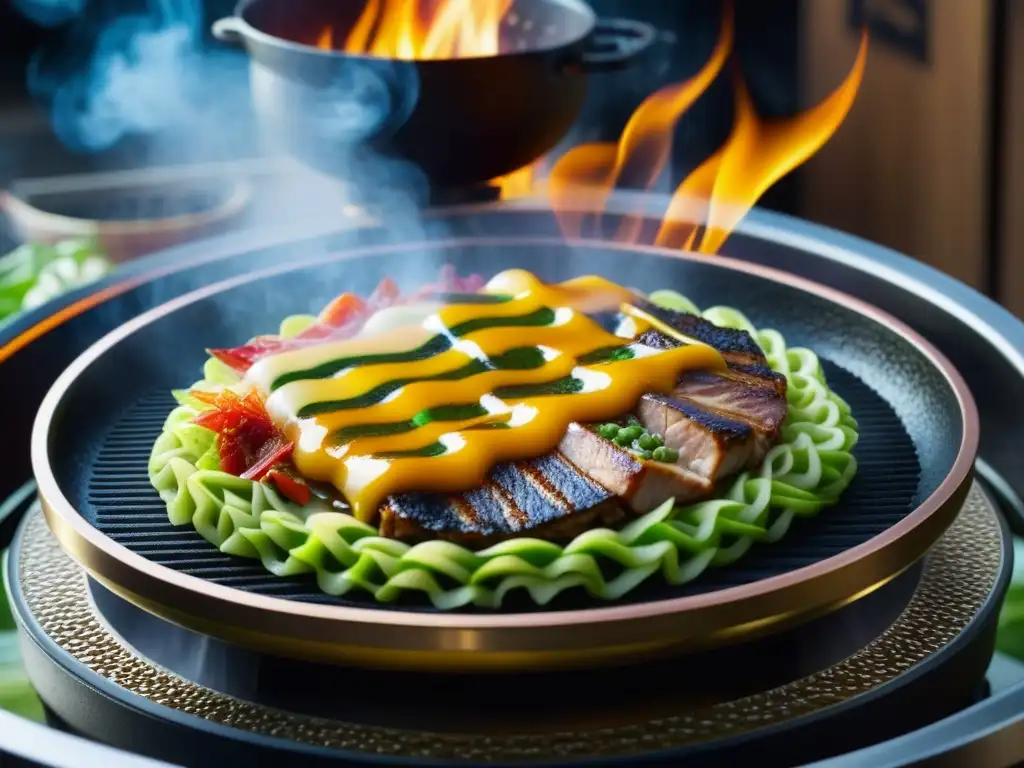 Un maestro chef japonés cocina con destreza un Okonomiyaki en una parrilla teppan caliente, mostrando la esencia del arte culinario japonés